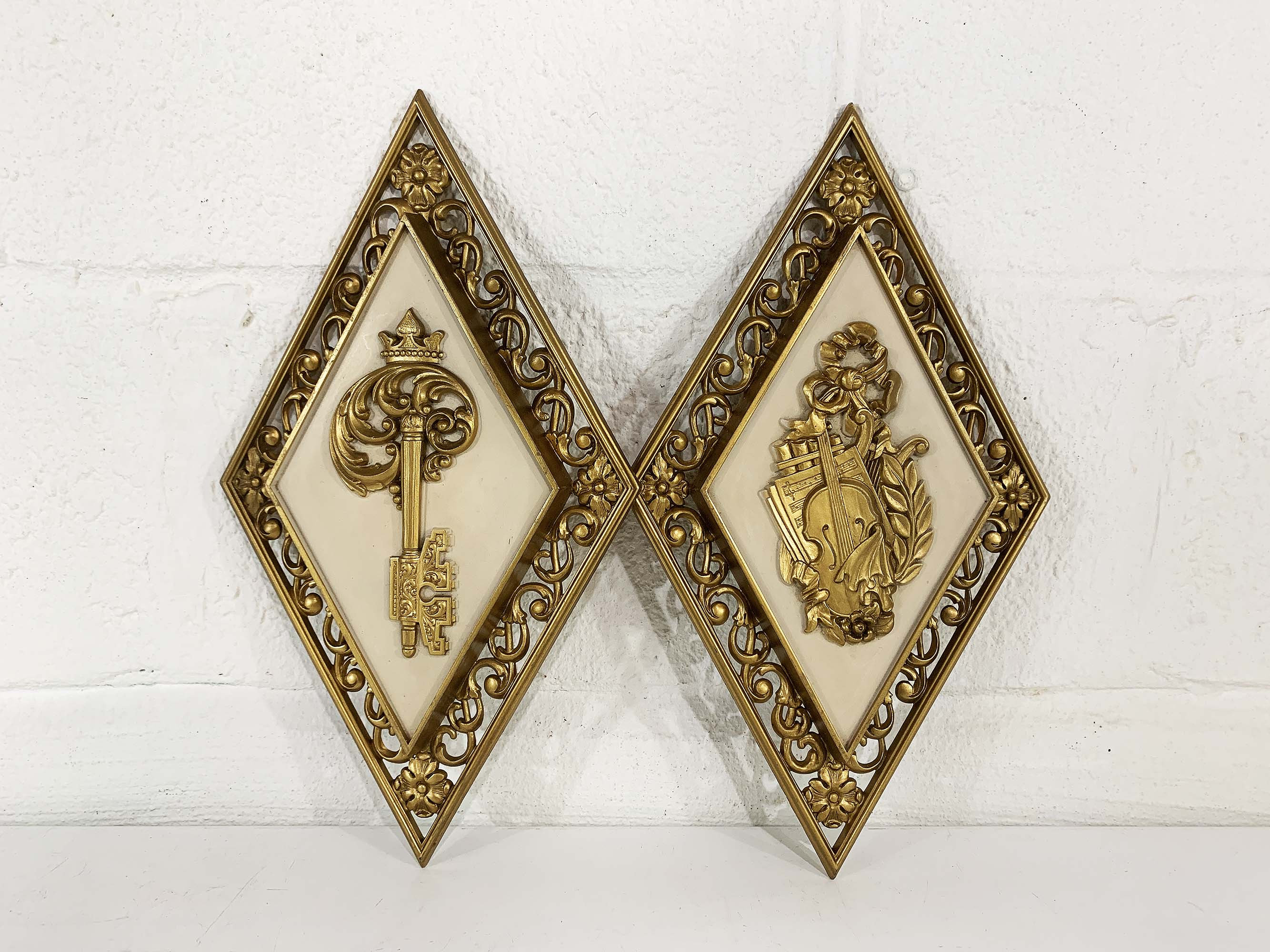 Vintage Syroco Gold Wall Decor Diamond Lock and Key Violin Mid Century