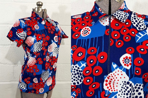 Vintage Mod Blue Top Abstract Blue Red White Collared Quarter Zip 1960s 1970s Medium