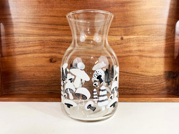 Vintage Glass Pitcher Black White Mushroom Juice Carafe Retro Jar Decanter Mod Mid-Century Modern Serving Vase 1970s