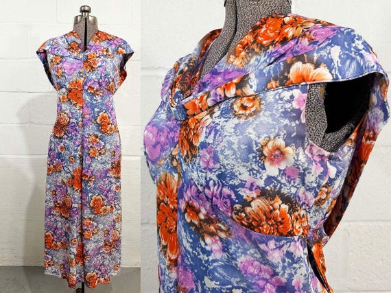 Vintage Watercolor Floral Dress Pink Purple Blue Orange Flower Sleeveless Cowl Capelet Flowers Empire Waist Midi A-Line 1970s Medium Large