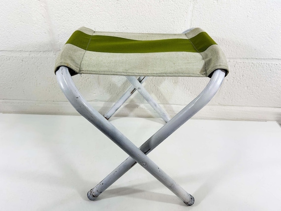 Vintage Metal Folding Camp Stool Canvas Collapsible Camping Seat Industrial Decor 1950s
