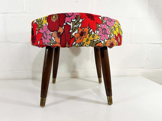 Vintage Floral Footstool: Mid-Century Round Ottoman, Boho Flower Power Style 1960s