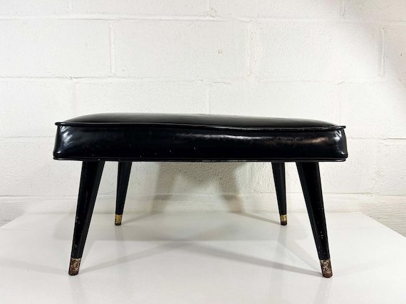 Vintage Black Vinyl Footstool Ottoman Mid-Century 1960s Foot Stool Mid Century Living Room MCM