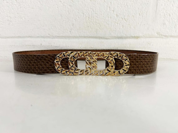 Vintage Faux Leather Belt Gold Adjustable Buckle Brown Vegan Snake Accessories Cinch Waist 1990s 1980s