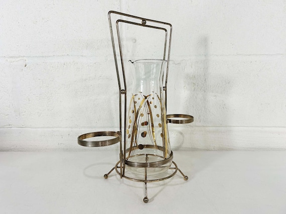 Vintage Mid Century Martini Pitcher with Caddy, Gold Design
