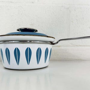 Vintage Cathrineholm Saucepan Enamel White Blue Norway Scandinavian Pot 1960s