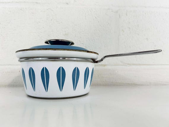 Vintage Cathrineholm Enamel White Blue Saucepan Sauce Pan Norway Catherineholm Norwegian Scandinavian Covered Pot 1960s 1950s