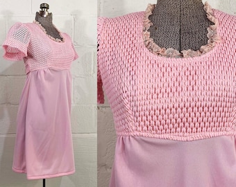 Vintage Pink Mini Dress Short Sleeve Mod 1960s Lace A-Line Empire Waist Mid-Century Sizzler XS XXS