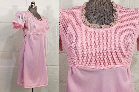 Vintage Baby Pink Mini Dress Pink Short Sleeve 60s Mod 1960s Lace A-Line Empire Waist Mid-Century Twiggy Sizzler XS XXS