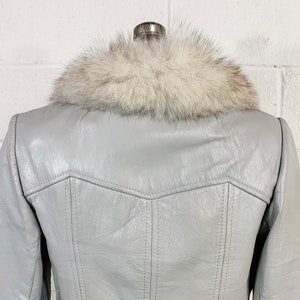 Vintage Grey Leather Belted Jacket Fur Collar Mod Boho Gray Mid-Length Trench Coat Button Front Penny Lane 1970s 1960s Medium image 8