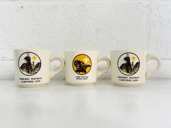 Vintage Boy Scouts Mugs Set of 3 Ceramic Tea Coffee Mug Retro Camp Saffran Broad Creek Parkway District Camporee Kitchen 1970s 70s 1979