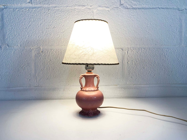 Vintage Small Pink Table Lamp Ceramic Light Decor MCM Rose Mid-Century Shade Accent Lighting Bedroom 1960s 1950s image 6