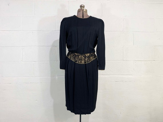 Vintage Black Cocktail Dress Gold Lace Long Sleev… - image 2
