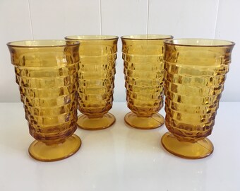 Vintage Iced Tea Glasses Set of Four (4) Indiana Glass Whitehall Pattern Amber Yellow Highball Glasses 1960s