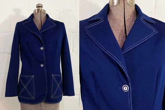 Vintage Navy Blue Blazer Johnny Miller Suit Sport Jacket Tailored Alex Colman Boxy Long Sleeve Coat Two Button Front 1970s 70s Small