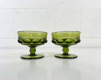 Vintage Green Coupe Glasses Goblets Emerald Set of 2 Sherbet Dessert Olive Avocado 1960s Glassware King's Crown Thumbprint Indiana Glass