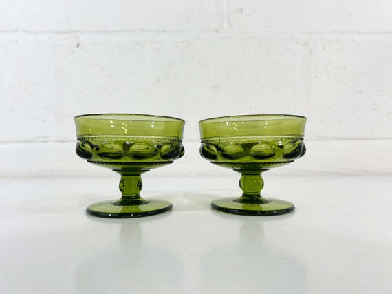 Vintage Green Coupe Glasses Goblets Emerald Set of 2 Sherbet Dessert Olive Avocado 1960s Glassware King's Crown Thumbprint Indiana Glass