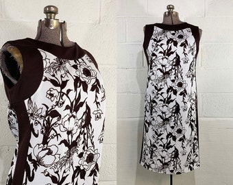 Vintage Mod Dress Brown Print White Prissy Party Cocktail A-Line Twiggy Sleeveless 1960s Medium Large