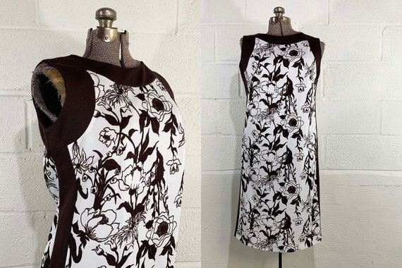 Vintage Mod Dress Brown Print White Prissy Party Cocktail A-Line Twiggy Sleeveless 1960s Medium Large