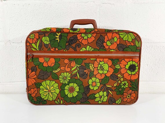 Vintage Small Suitcase Luggage Brown Flower Power Carry On Floral Case Bag Makeup Overnight Travel 1970s 1960s Mod Kawaii