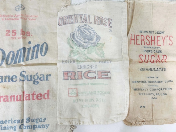 Vintage Lot of 3 Sugar Bags Sacks Rice Domino Oriental Rose Hershey's Cotton Linen Scrap 1950s