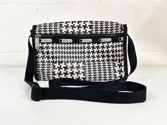 Vintage Y2K LeSportsac Small Everyday Bag Black & White Houndstooth Purse Crossbody Strap Handbag 2004 2000s