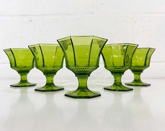 Vintage Green Coupe Glasses Goblets Emerald Set of 5 Dessert 1960s Octagonal Avocado Olive Champagne Sherbet Cups