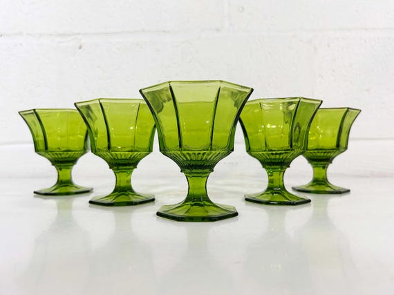 Vintage Green Coupe Glasses Goblets Emerald Set of 5 Dessert 1960s Octagonal Avocado Olive Champagne Sherbet Cups