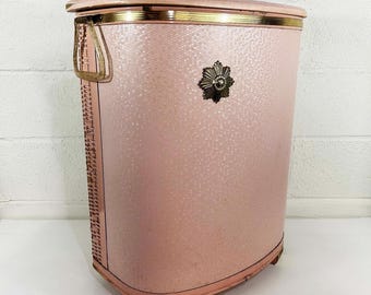 Vintage Pink Laundry Hamper by Pearl Wick Gold Lucite Handles Basket 1950s