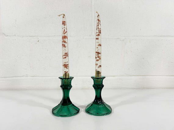 Vintage Glass Blue Green Candle Holders Pair Candlesticks Mid-Century Candleholder Wedding Candlestick Boho MCM Teal Faceted 1960s