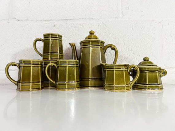 Vintage Coffee Pot Set Mug 1970s Sugar Bowl Creamer Green Teapot Royal Sealy Japan