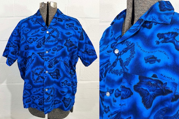 Vintage Hawaiian Shirt Blue Button Up Hawaii Summer Short Sleeve Cruise Vacation Beach Cabanaware Tiki 1960s Large XL