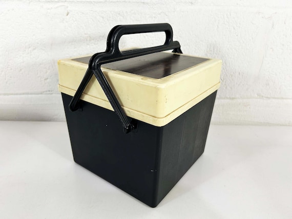 Vintage Record Tote 1970s Black Green 7" Plastic Records Storage Case Hartzell Products Totes 45 Box