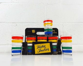 Vintage Rainbow Striped Glasses Mid Century Set of 6 Federal Glass Hostess Tumblers Deadstock NOS 1950s 1960s
