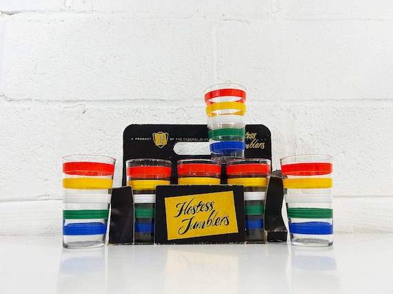 Vintage Rainbow Striped Glasses  Set of 6 Federal Glass Hostess Tumblers Deadstock NOS 1950s 1960s