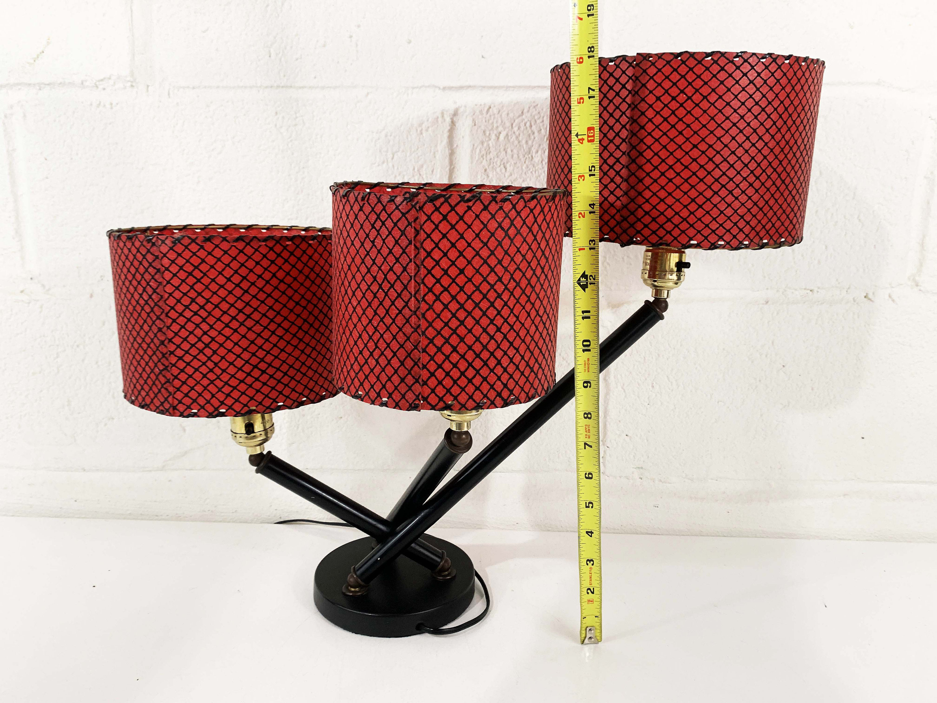 Vintage Triple Table Lamp Red Light Lampshade Decor MCM Mad Men Mid ...