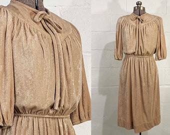 Vintage Textured Beige Dress Tan 3/4 Sleeves Fit and Flare Keyhole Tie Collar Peasant Midi 1980s 1970s Large XL