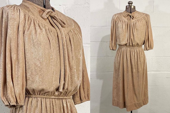 Vintage Textured Beige Dress Tan 3/4 Sleeves Fit and Flare Keyhole Tie Collar Peasant Midi 1980s 1970s Large XL