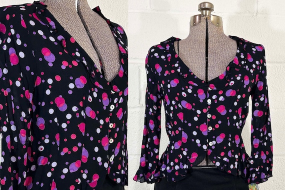 Vintage Black Polka Dot Y2K Blouse Purple Pink Long Sleeve Ruffles Deep V Neck CDC 1990s 2000s Small XS