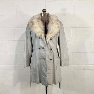 Vintage Grey Leather Belted Jacket Fur Collar Mod Boho Gray Mid-Length Trench Coat Button Front Penny Lane 1970s 1960s Medium image 5
