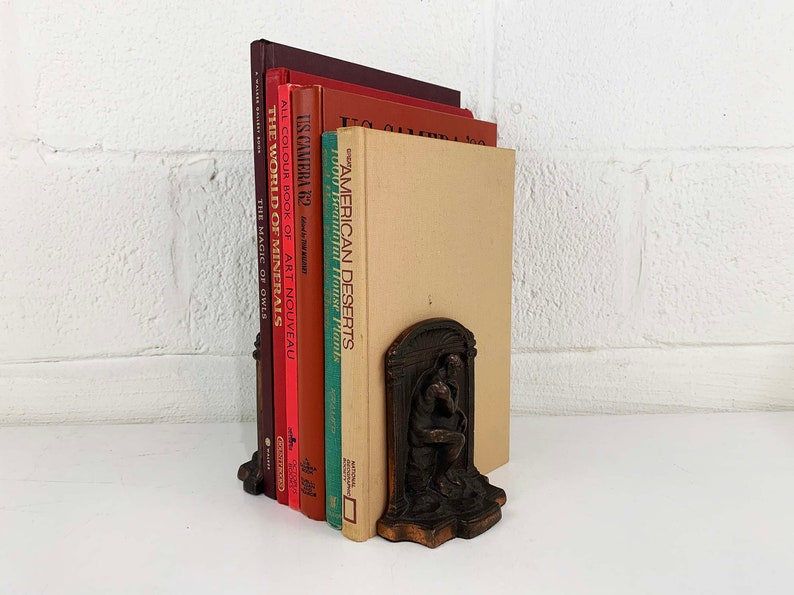 Vintage Cast Metal Art Deco Thinking Man Bookends The Thinker Figurine Home Decor Bookcase Book Shelf 1940s 1950s image 4
