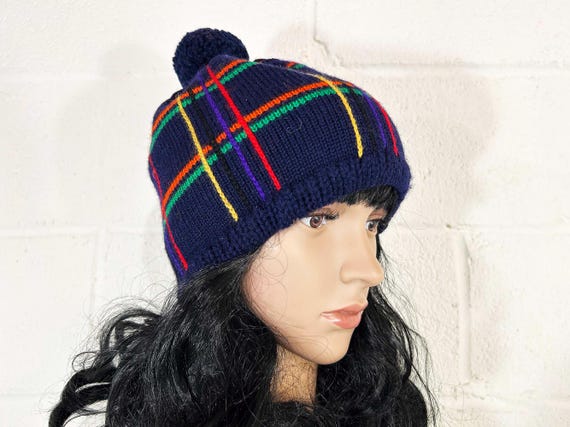 Vintage Plaid Wool Winter Hat Navy Blue Rainbow Accessory Mid-Century Retro Knit Beanie Pom Pom Snow 1970s 1960s