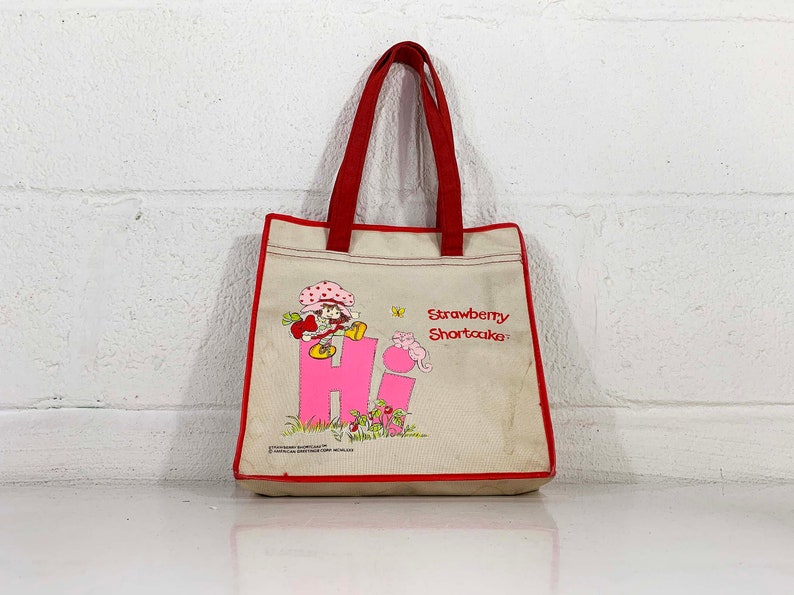 Vintage Strawberry Shortcake White Canvas Bag Cartoon Tote American Greetings 1980s 1980 80s Aesthetic Dopamine Colorful Kitsch Kawaii Cute image 3