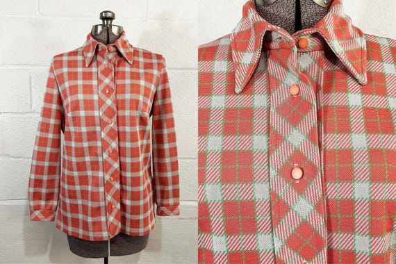 Vintage Peach Plaid Button Front Shirt Long Sleeves Mod Salmon Pink Orange 1970s 1960s Medium Large