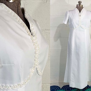 Vintage White Maxi Waist Dress 60s Mod Non-Traditional Wedding Short Sleeve Gown 1960s Mid-Century Bridesmaid Sequin V Neck Fashion Medium image 1