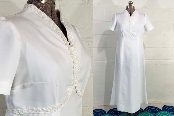 Vintage White Maxi Waist Dress 60s Mod Non-Traditional Wedding Short Sleeve Gown 1960s Mid-Century Bridesmaid Sequin V Neck Fashion Medium