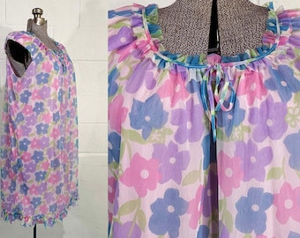 Vintage Flower Power Nightgown Pajamas Silver Crest PJ Sleep Floral Pink Sleepwear Dress Teddy Babydoll Nylon 1960s 60s 1XL 1X XL XXL
