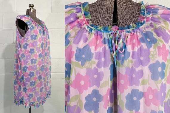 Vintage Flower Power Nightgown Pajamas Silver Crest PJ Sleep Floral Pink Sleepwear Dress Teddy Babydoll Nylon 1960s 60s 1XL 1X XL XXL