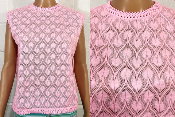 Vintage Knit Tank Keynote Top: Barbie Pink Sleeveless Sweater 1960s XL Large