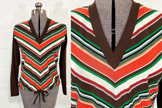 Vintage Chevron Knit Sweater Rainbow Pullover Jumper Long Sleeved Helen Sue 1970s Medium